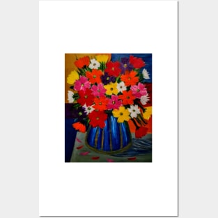 Stunning bright and colorful abstract flowers set against  a color  block background Posters and Art